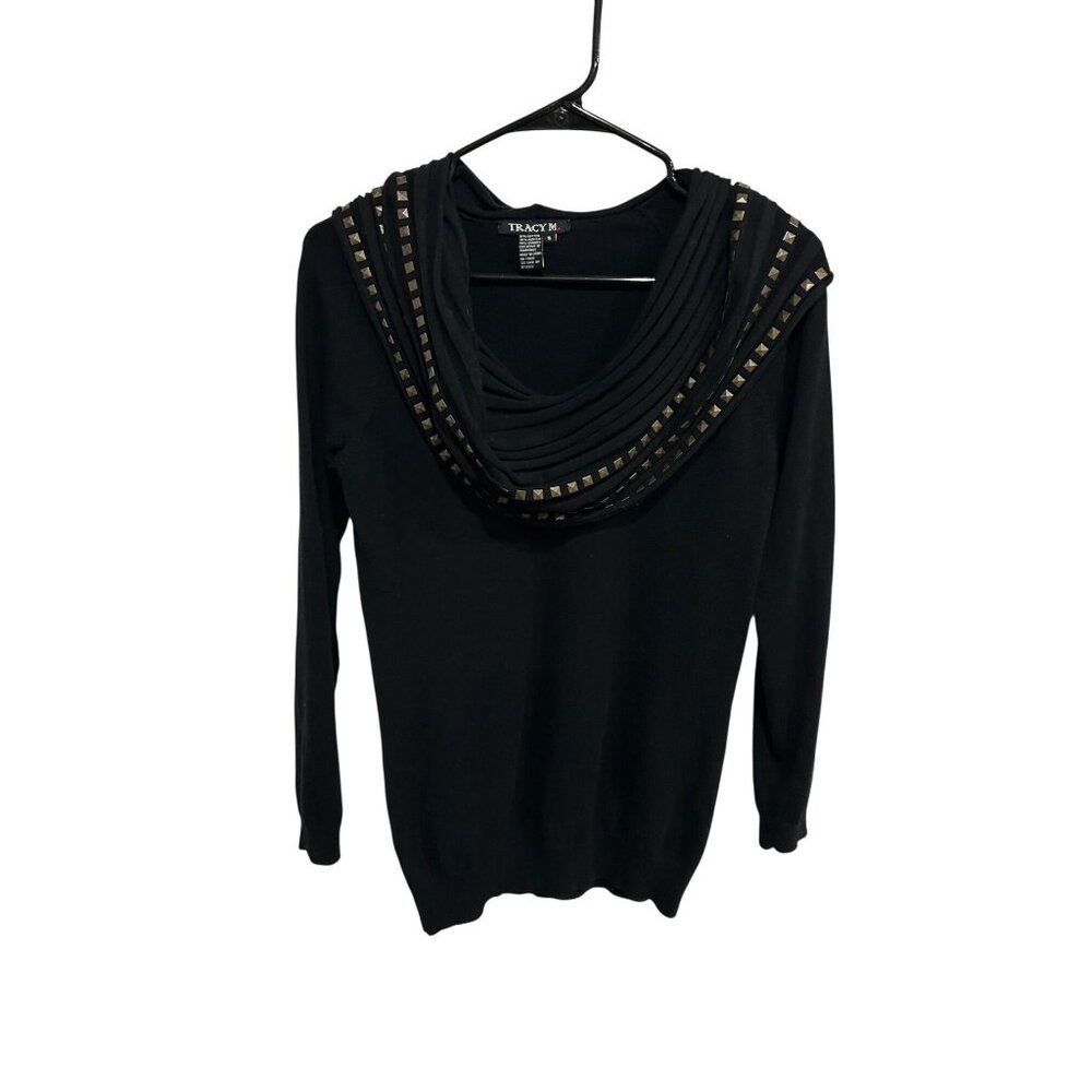 Tracy M Black Cowl Neck Studded Sweater Small Cotton Blend Edgy Minimalist